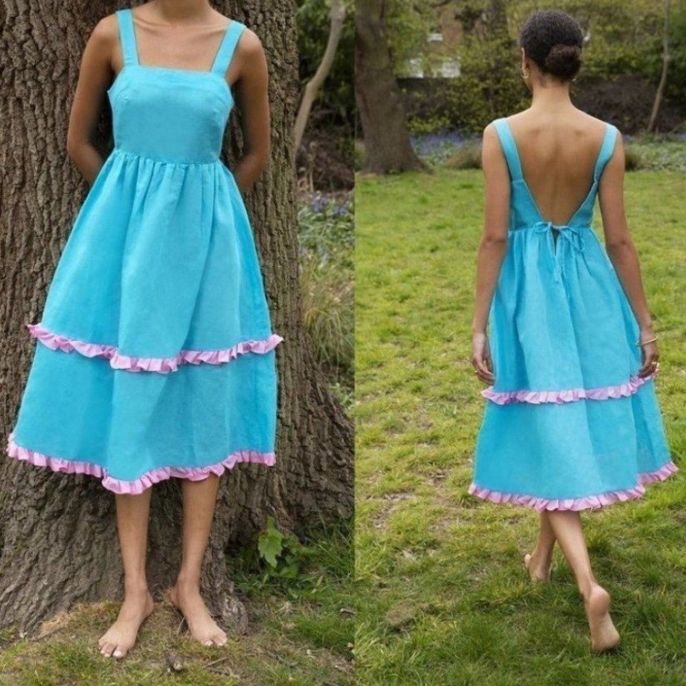 Dora Larsen Blue Dress with Pink Trim
